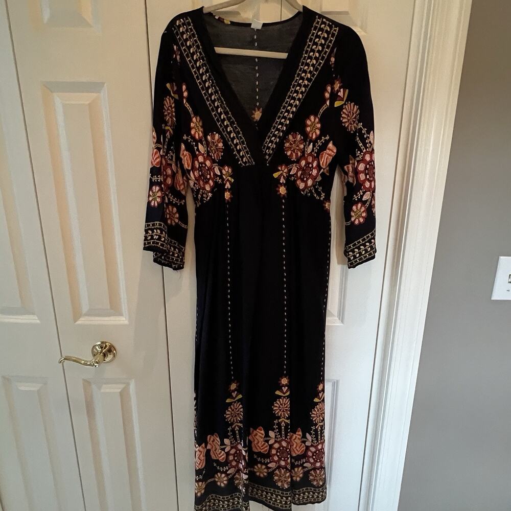 💞 Women’s XL Navy Blue Floral Boho Maxi Dress V Neck 3/4 Sleeve Folk Print - Picture 2 of 6